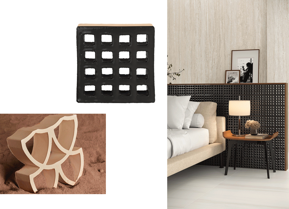 Komposition aus 3 Bildern von durchbrochenen Elementen aus Terrakotta und polierter Keramik in Beige- und Cremetönen auf einem dreidimensionalen Materialhintergrund.