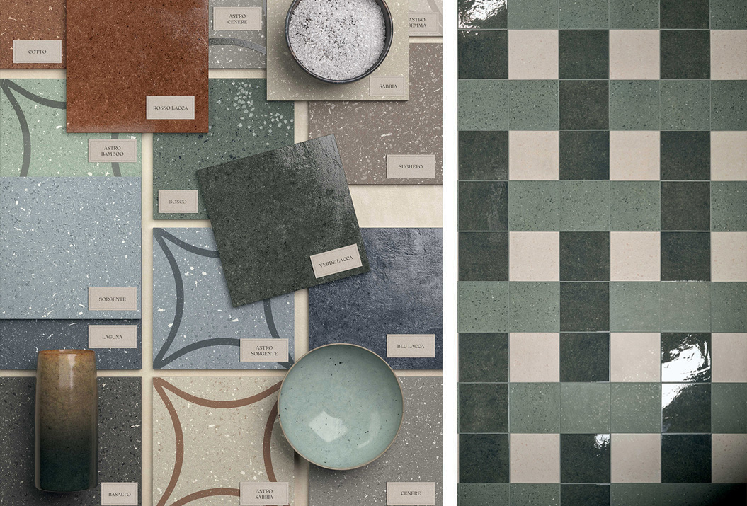 Textured mood board with TerraSale tiles in different textures and colours, alongside ceramic objects and natural samples.