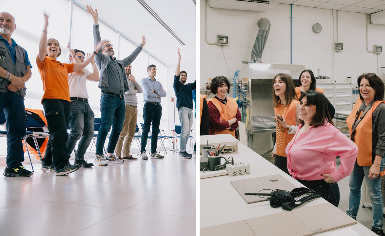 Marca Corona employees and Marinella Senatore during a participatory workshop in the ceramics laboratory.