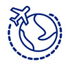 Blue icon with aeroplane flying over the globe