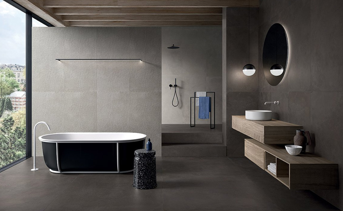 Concrete-effect bathroom with Phase tiles
