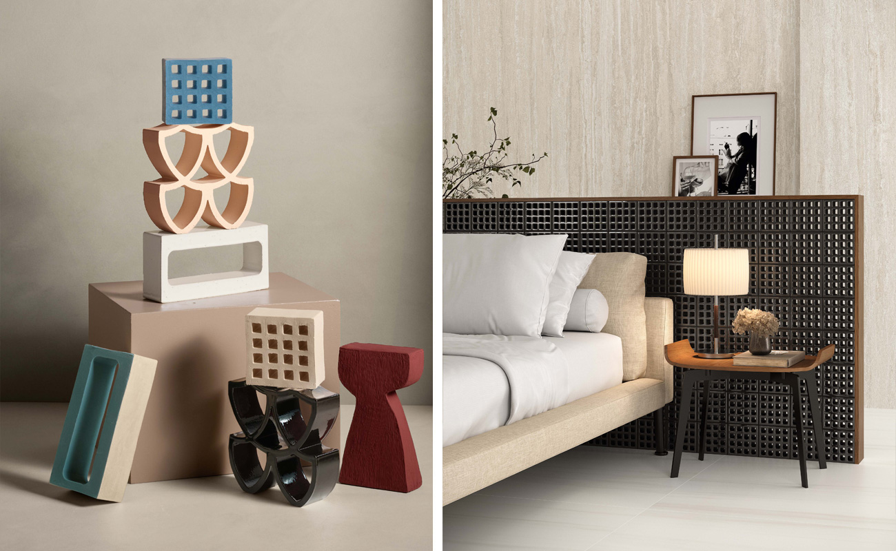 On the left, Marca Corona Arialuce decorative ceramic blocks. On the right, modern room with black grille and Marca Corona light stone cladding.