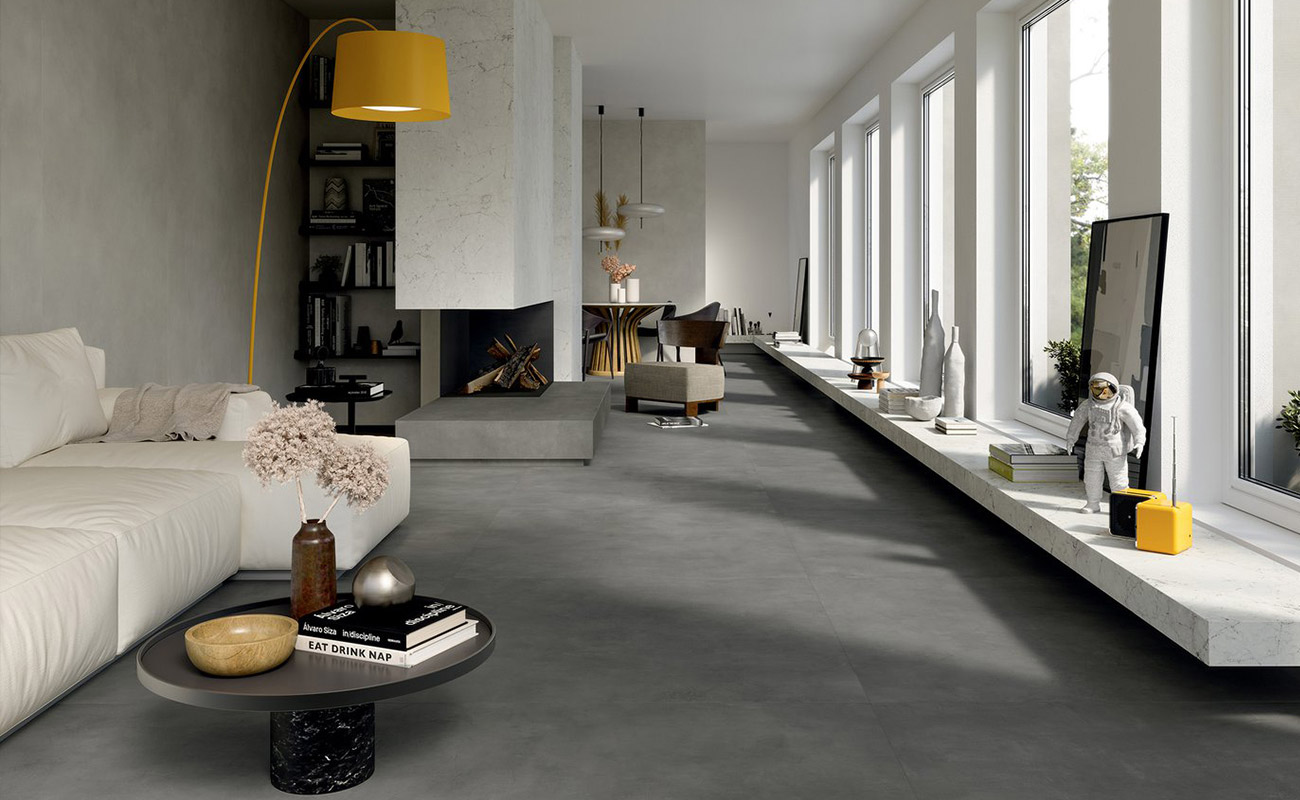 Multiforme concrete-effect porcelain flooring