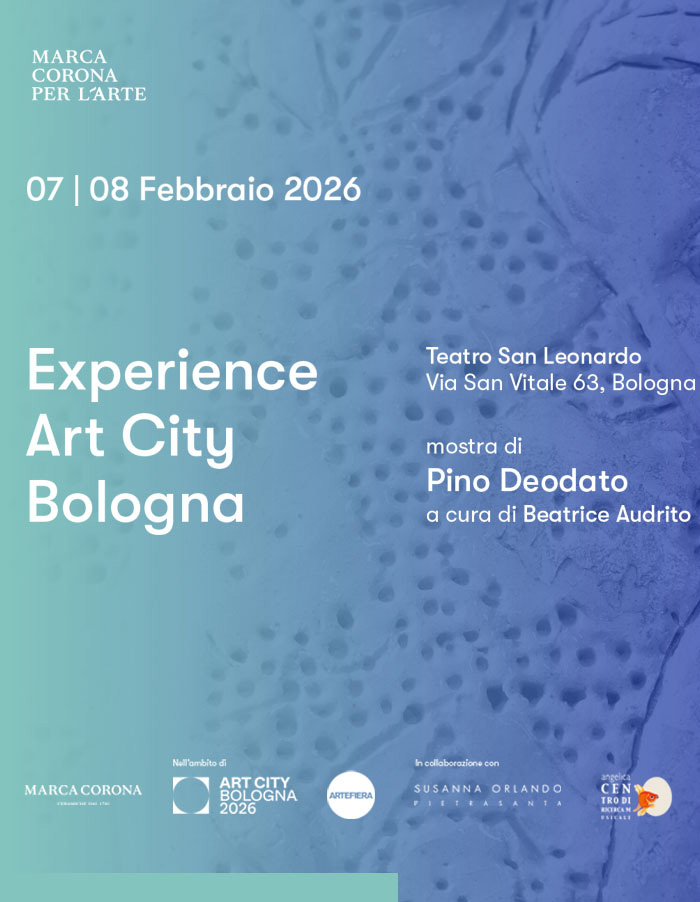 Locandina “Experience Art City Bologna” (7–8 feb 2026), Teatro San Leonardo, mostra di Pino Deodato.
