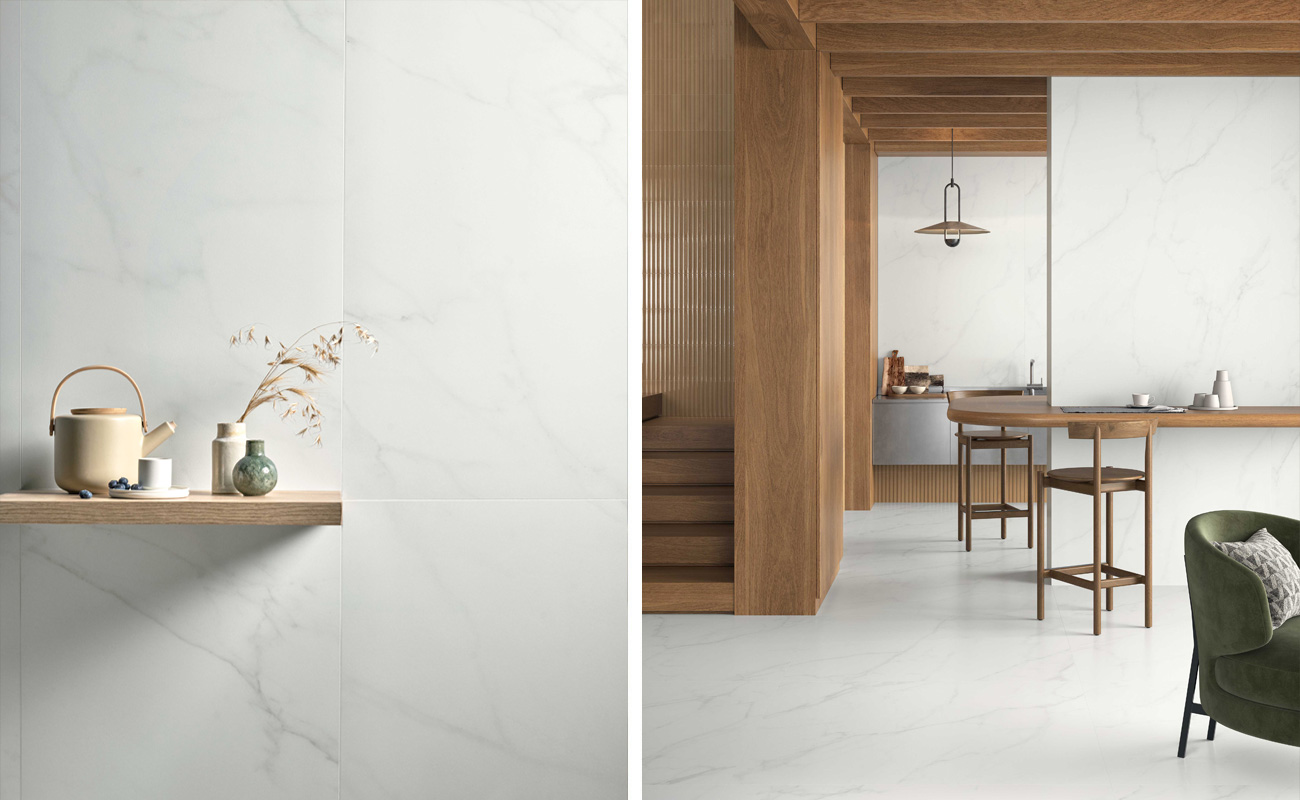 On the left, detail of light marble wall with Marca Corona wooden shelf. On the right, detail of light marble wall with Marca Corona wooden shelf.