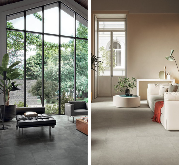 On the left, living room with floor-to-ceiling windows, modern furnishings and anthracite concrete-effect stoneware flooring. On the right, sitting room with beige stoneware flooring, light-coloured sofa, minimalist design elements.