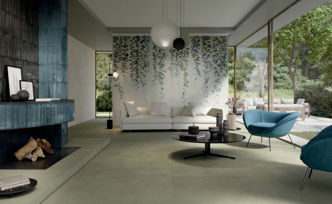 Living room with Multiforme 1741 concrete-effect wall tiles