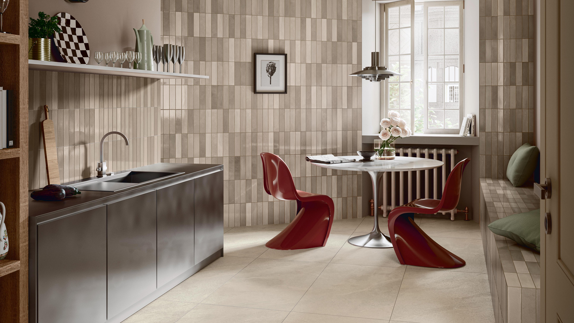 Modern kitchen with walls covered in glossy beige tiles.