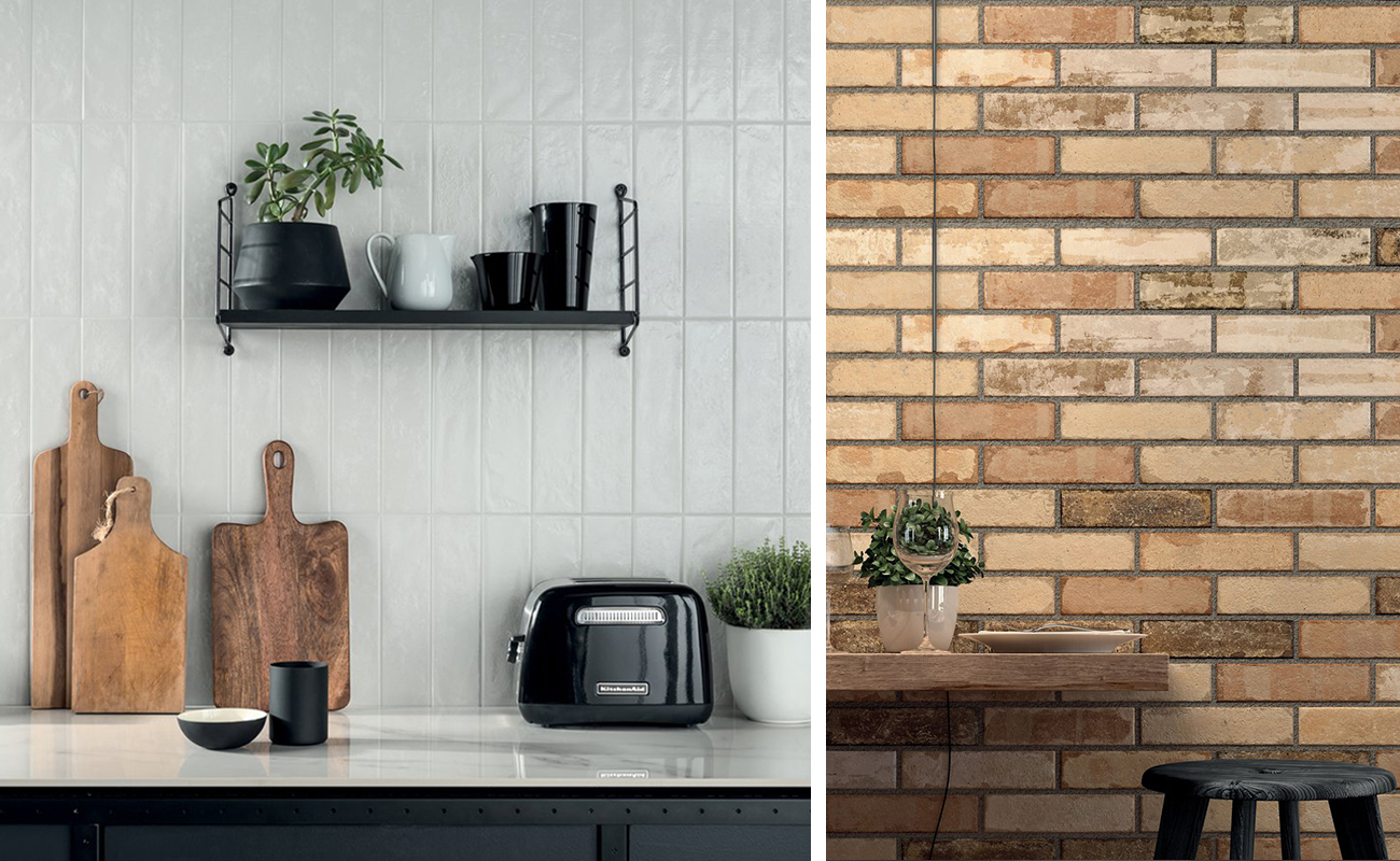 Brick-effect tiles for kitchen walls