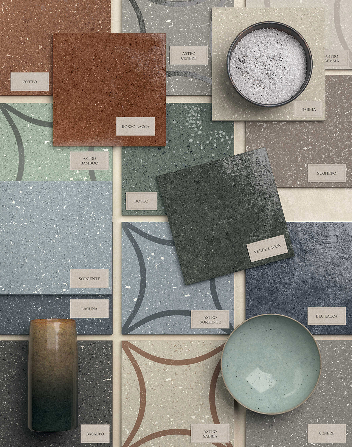 Terrasale collection moodboard by Marca Corona featuring natural and earthy tile samples.
