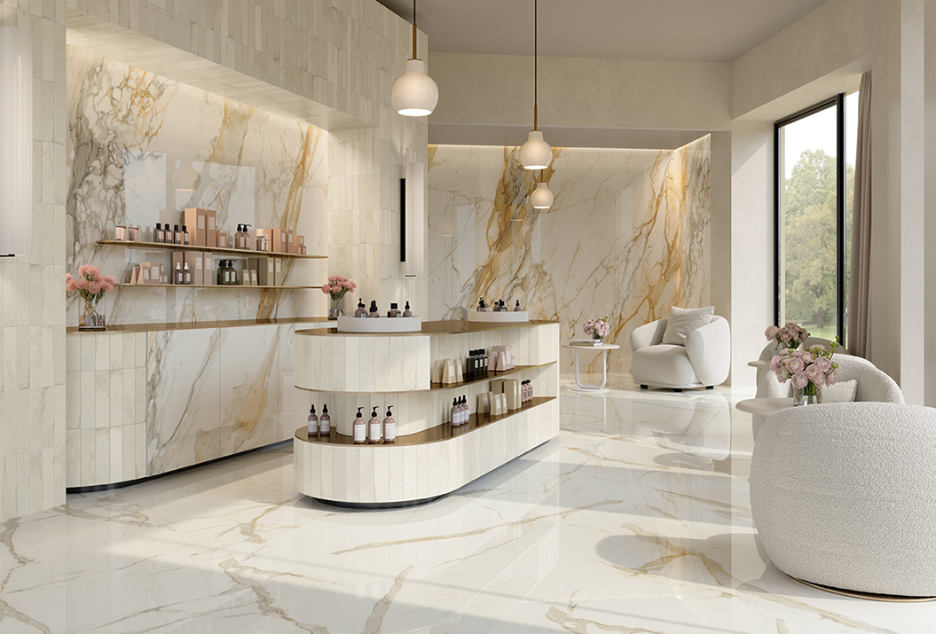 Mensola in legno con teiera crema e vasi in ceramica su parete in gres effetto marmo bianco della collezione Scultorea Delicata.