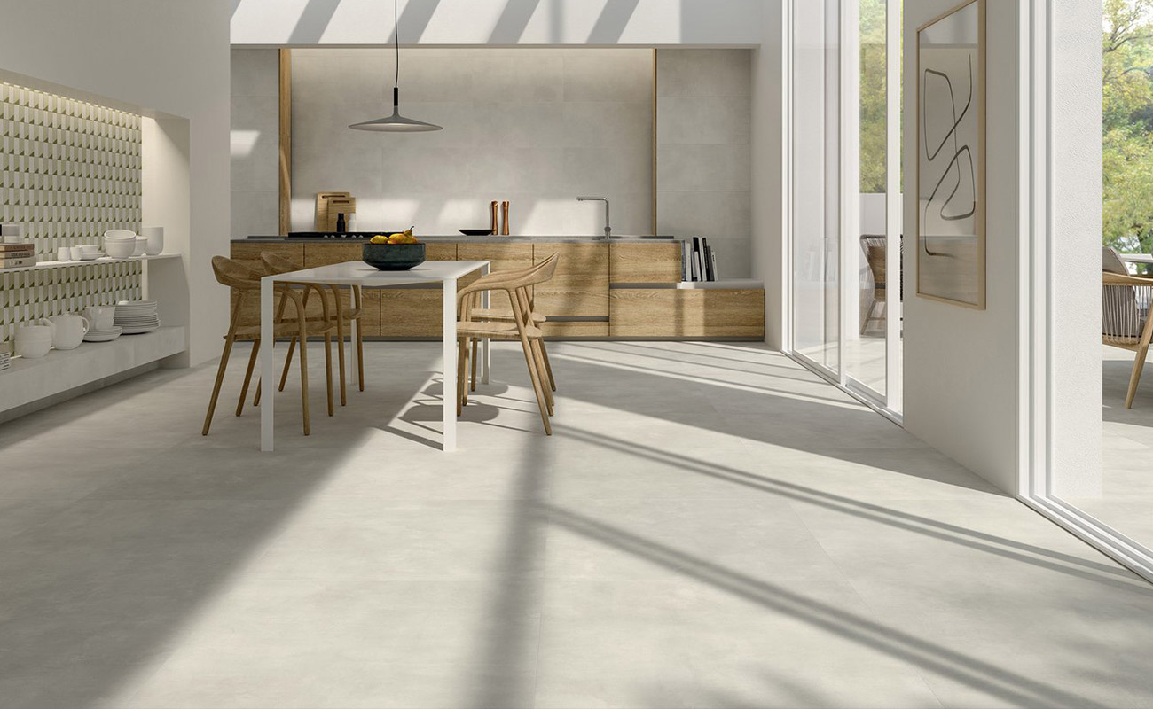Kitchen with Multiforme concrete-effect porcelain stoneware tiles