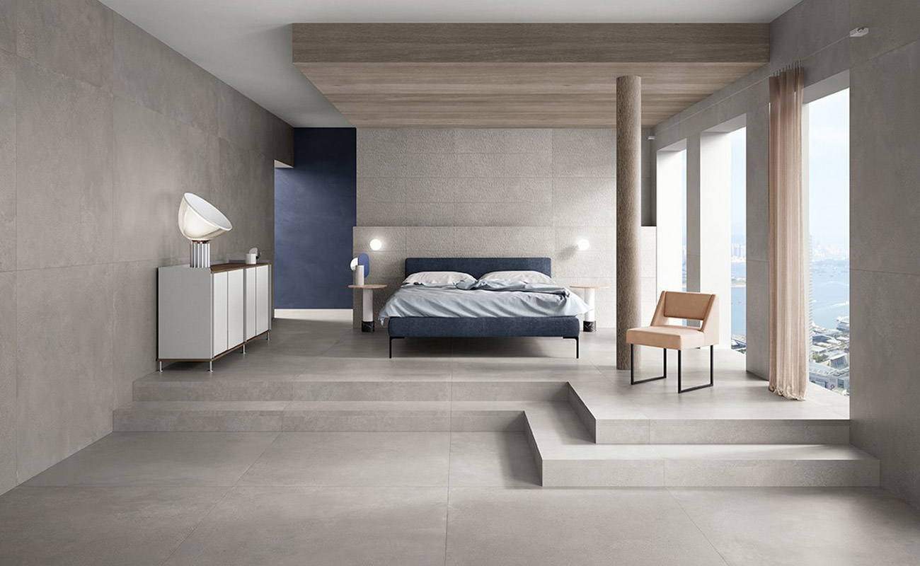 Bedroom with Phase concrete-effect ceramic