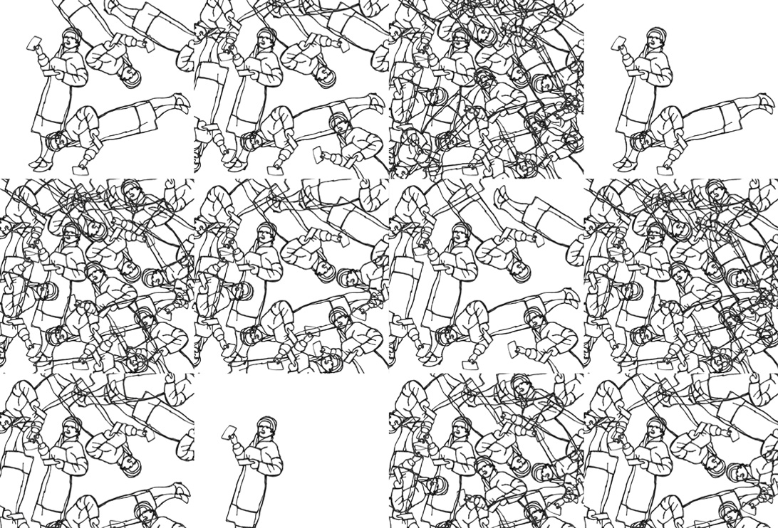 Repeated illustration of stylised workers in motion, black hatching on a white background in a contemporary graphic style.