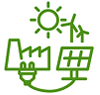 Green factory icon connected to solar panels and sun