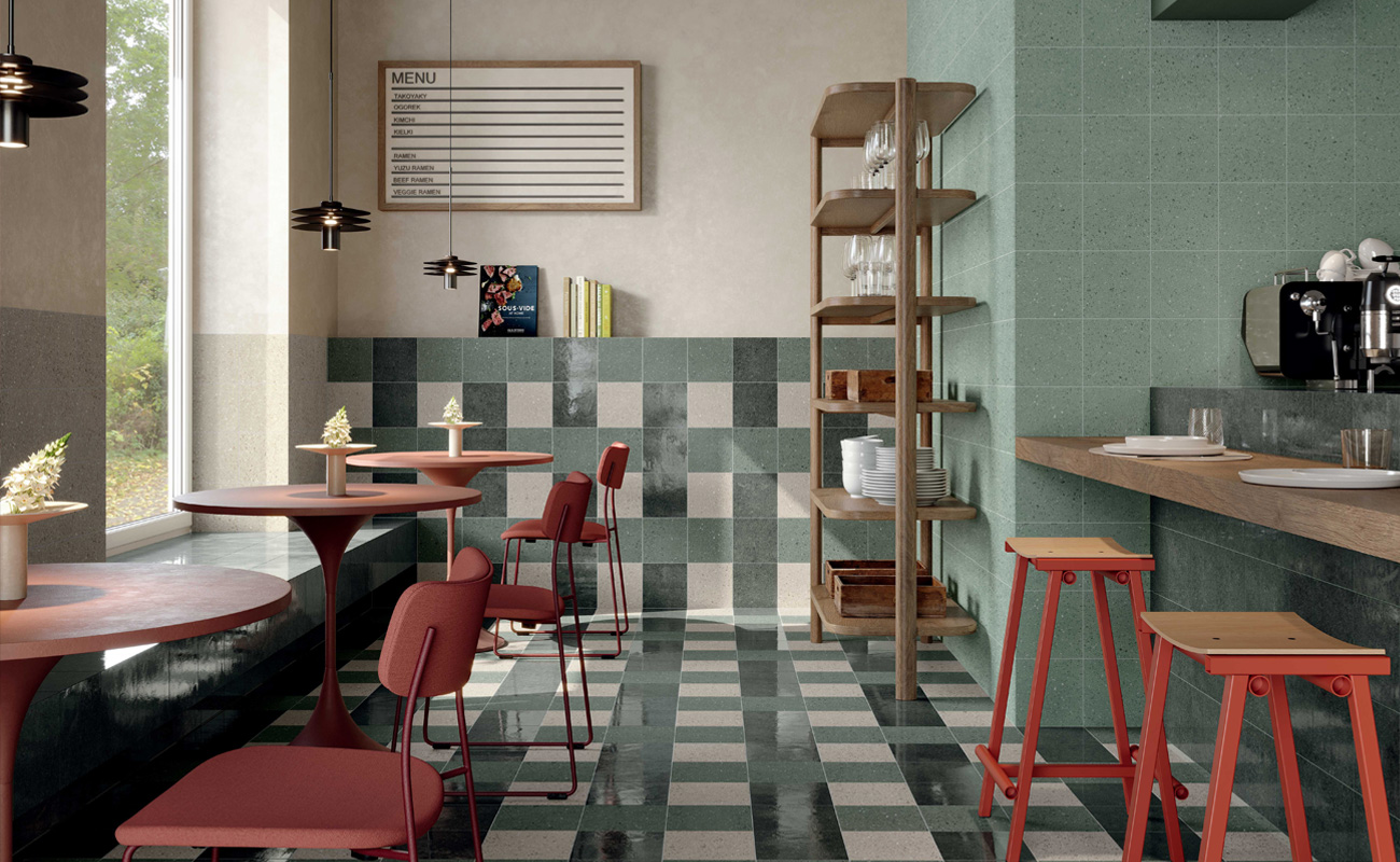 Modern setting with Marca Corona Terrasale checkered flooring in green and beige hues.