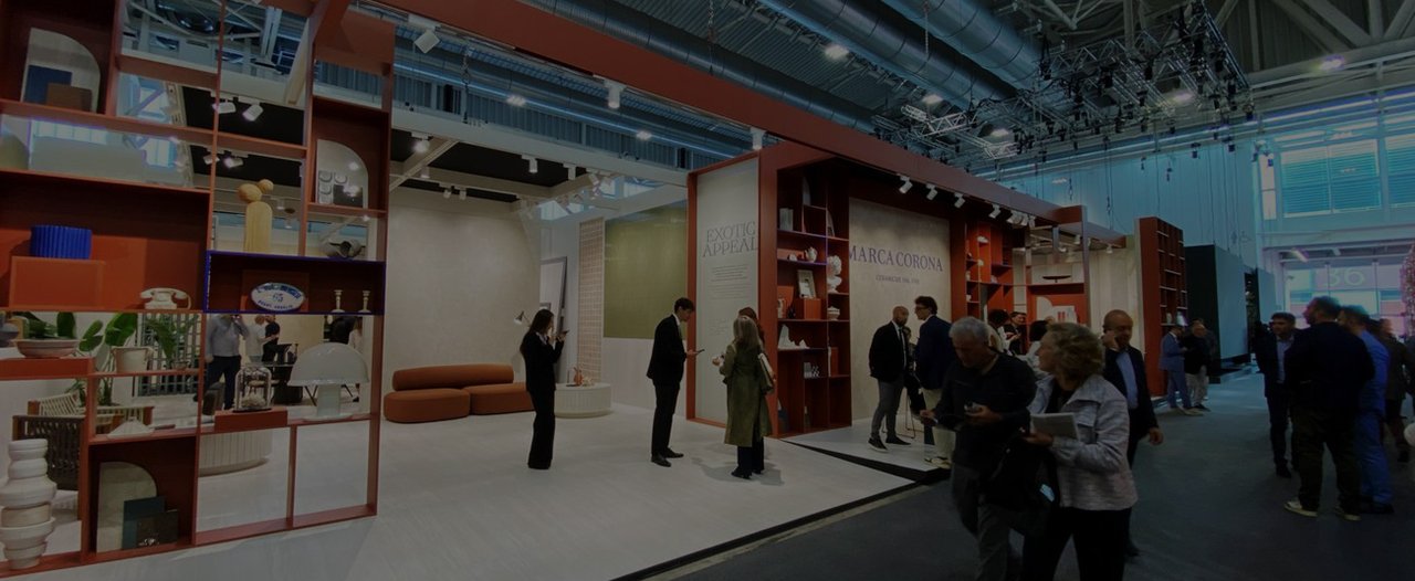 Marca Corona stand at Cersaie 2025 with ceramic collections.