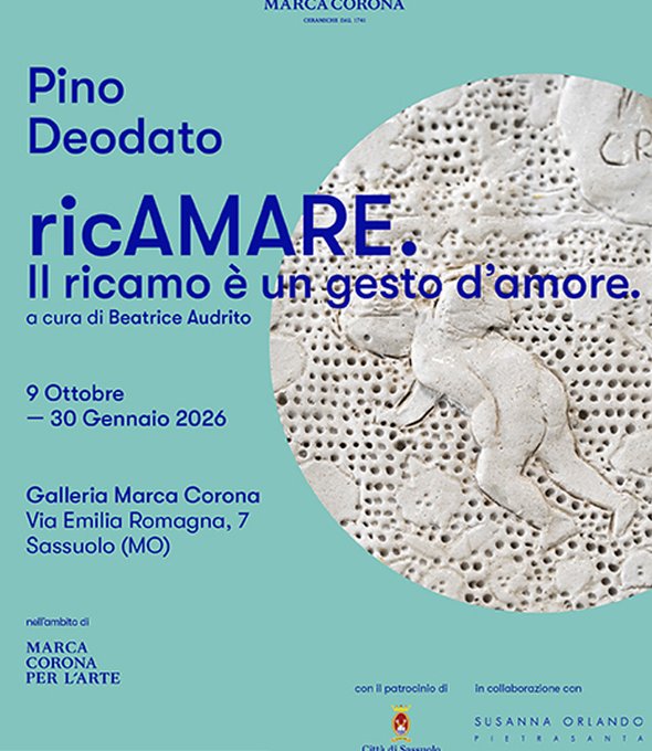 Locandina della mostra “ricAMARE” di Pino Deodato alla Galleria Marca Corona.