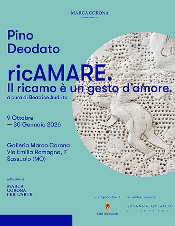 Locandina della mostra “ricAMARE” di Pino Deodato alla Galleria Marca Corona.