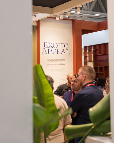 Detail of Marca Corona stand at Cersaie 2025 with Exotic Appeal installation.