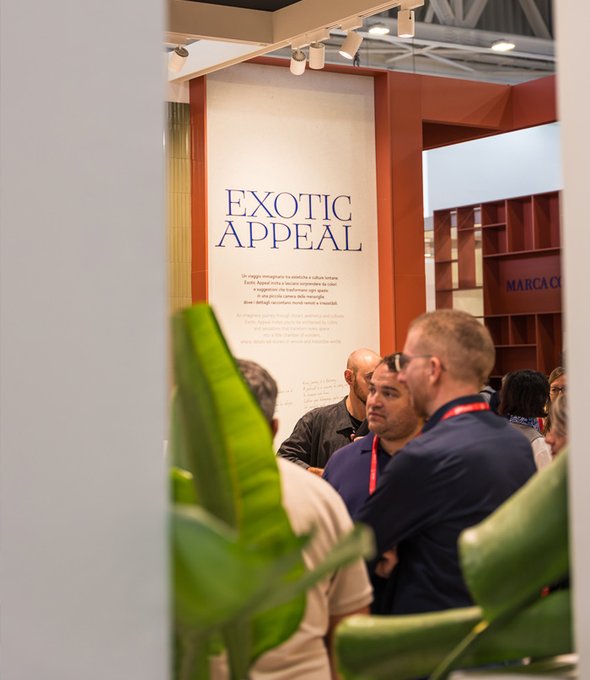 Detail of Marca Corona stand at Cersaie 2025 with Exotic Appeal installation.