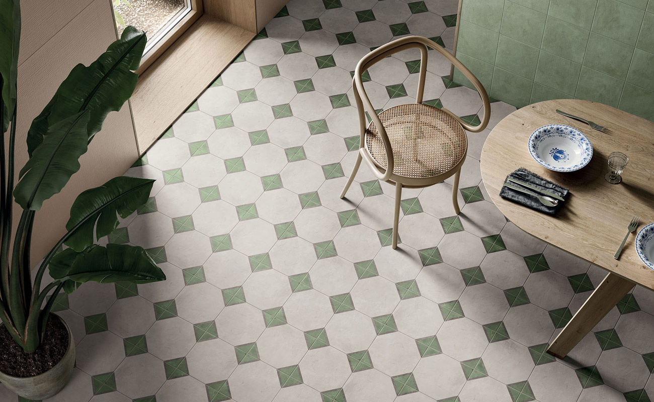 Terra.Art: floors in porcelain stoneware with trendy palettes. New light and personality for everyday atmospheres, like the kitchen. Discover Terra.Art Ottagono (pavimento) and Terra.Art Menta (wall coverings).