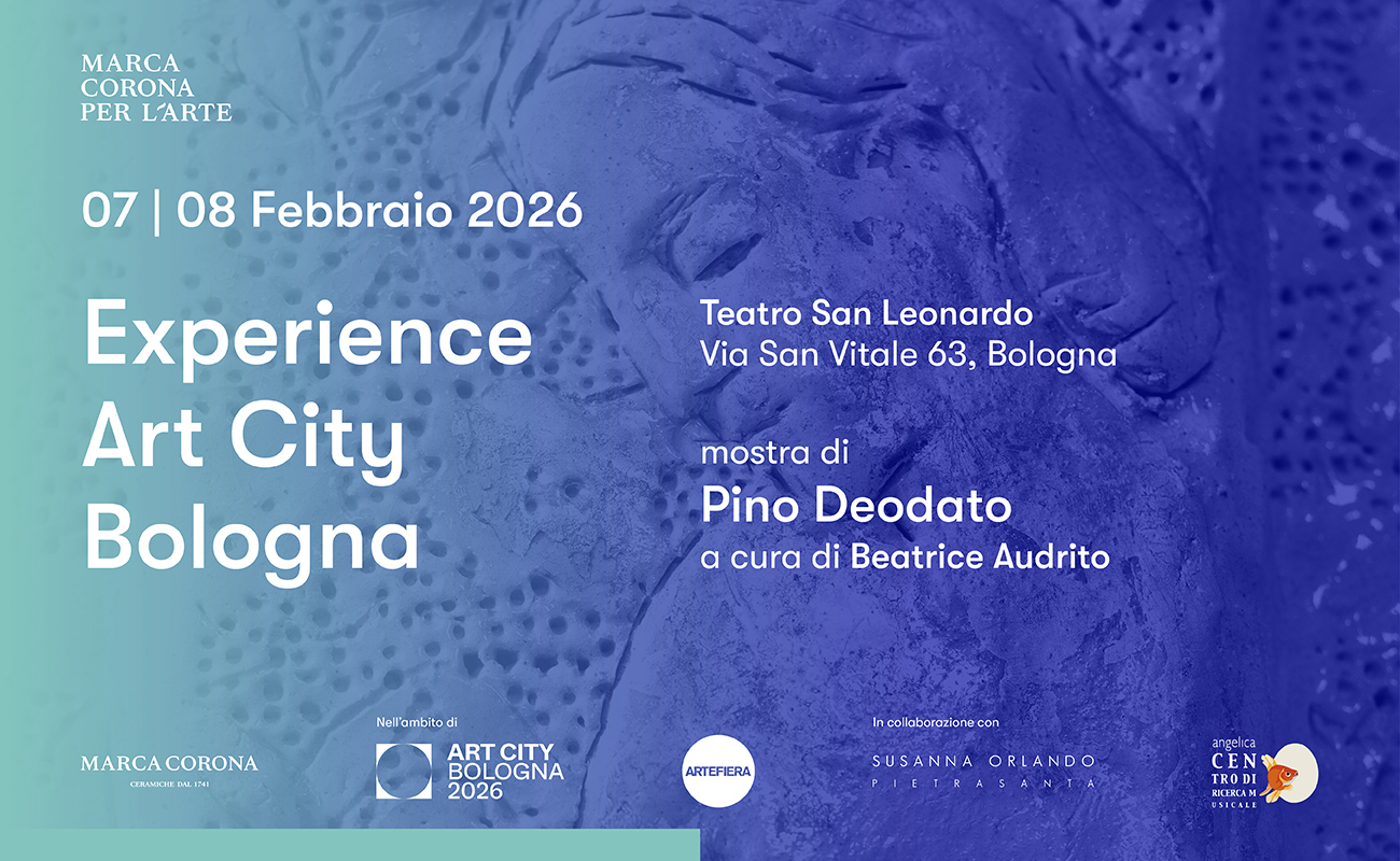 Locandina “Experience Art City Bologna” (7–8 feb 2026), Teatro San Leonardo, mostra di Pino Deodato.