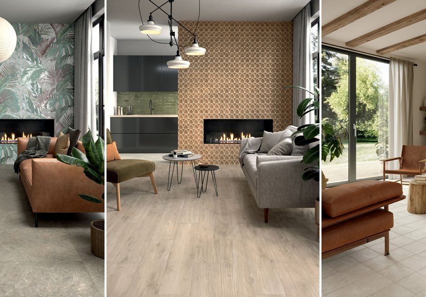 Modern house projects: living room ideas with tiles and large slabs ...