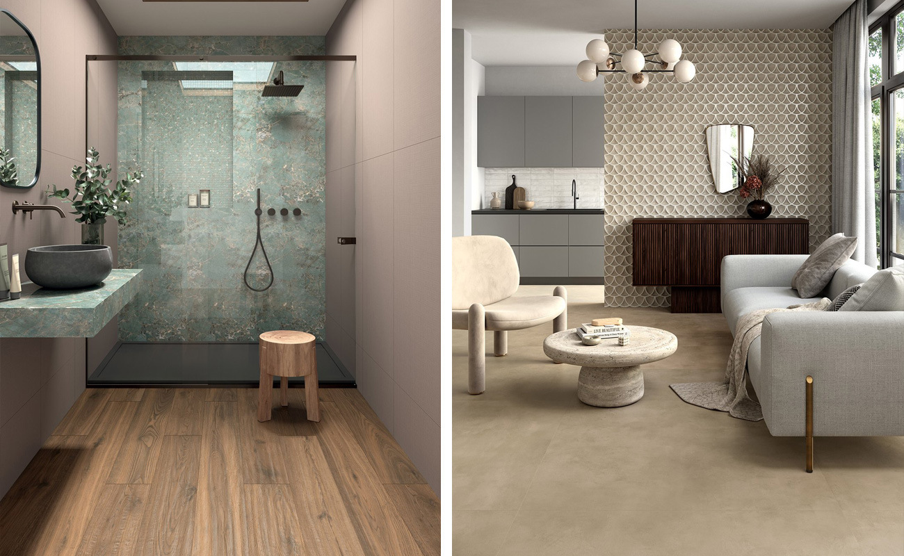 Ambiente bagno stile naturale con Lilysuite Clay e Foyer Royal GreenAma (rivestimento pareti) e Elisir Royal Castano (pavimento). | Zona living glamour con Multiforme Dune (pavimento), Terracreta Argilla Forma Vitrea e Multiforme Talco (rivestimento)