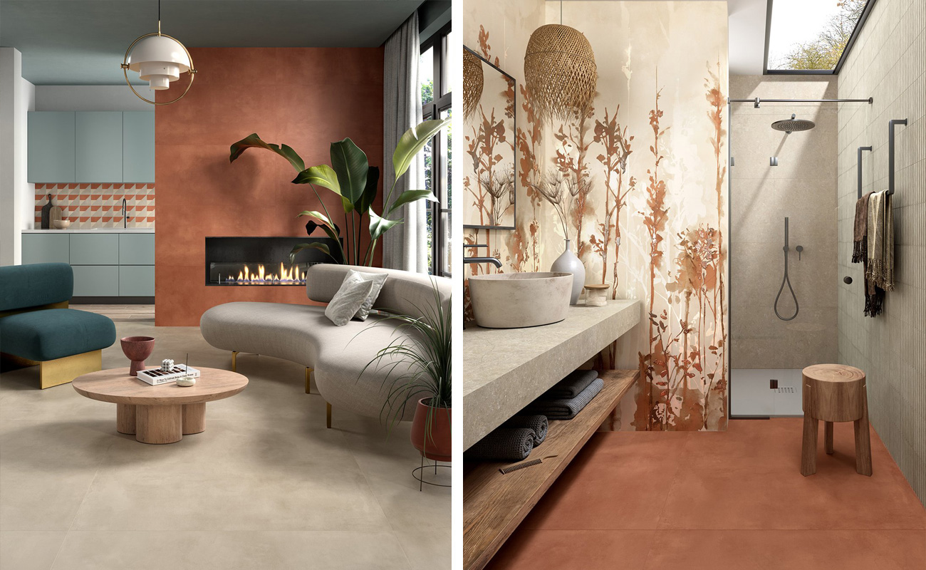 Zona living glamour con Multiforme Dune Marsala e Fossile+Marsala+Cuneo (rivestimento pareti), Multiforme Dune Fossile e Elisir Royal Fume (pavimenti).