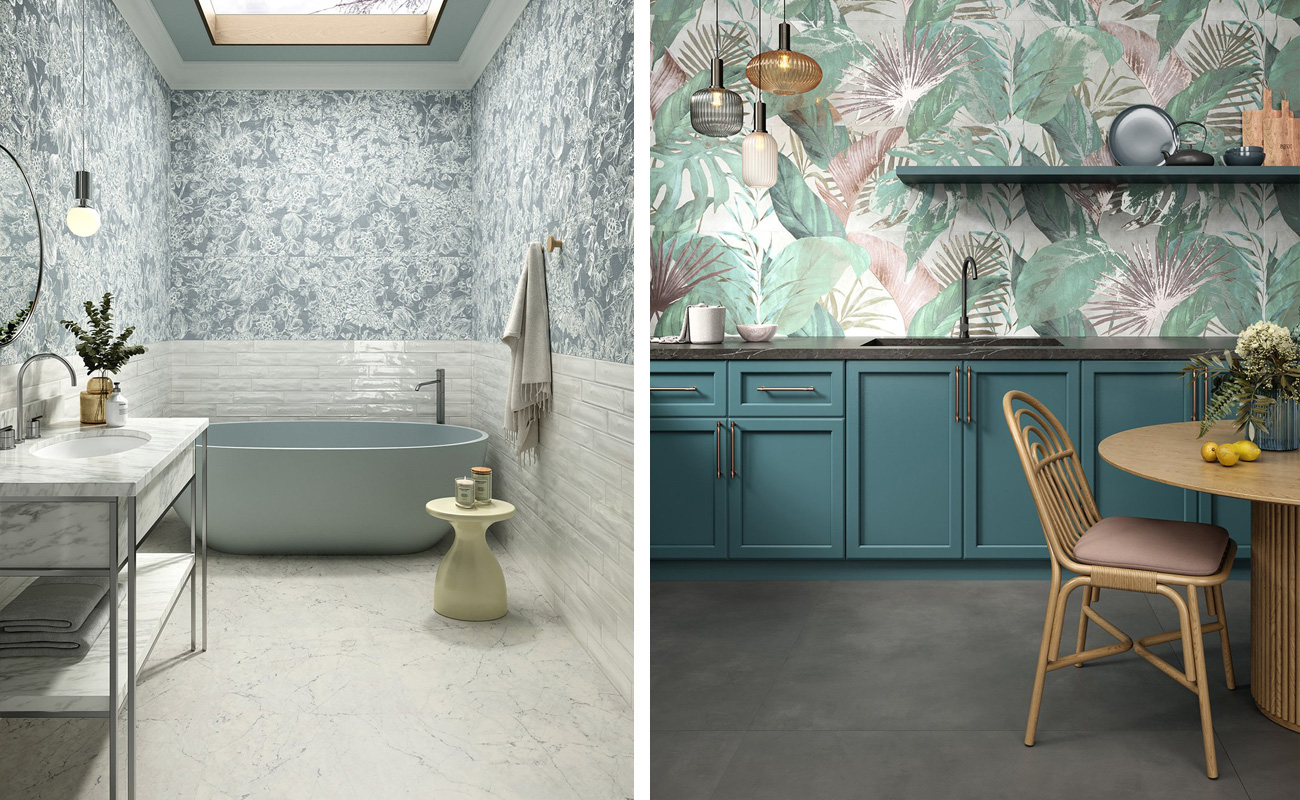 Ambiente bagno timeless con Mirabilia Floral Bay e Multiforme Talco (rivestimento pareti) e Foyer Joy (pavimento). | Cucina glamour con Mirabilia Wild Jungle (rivestimento parete) e Multiforme Carbone (pavimento).