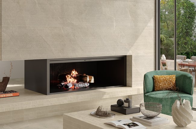 Fireplace detail with porcelain cladding