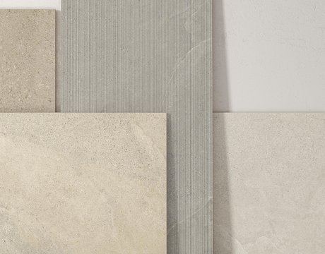 Moodboard avec dalles effet pierre et surface texturée.