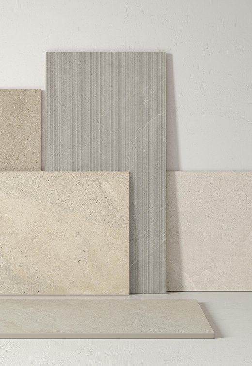Moodboard with stone‑effect porcelain slabs and textured surface.