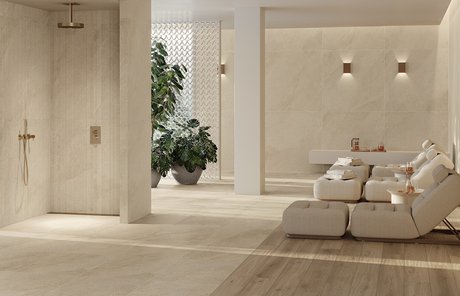 Spa area with stone-effect ceramic surfaces