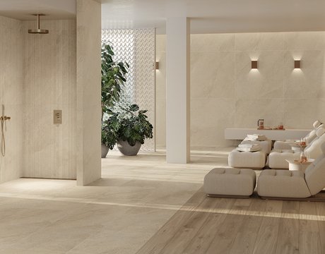 Espace spa avec surfaces céramiques effet pierre