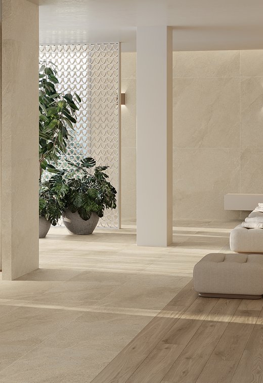 Espace spa avec surfaces céramiques effet pierre