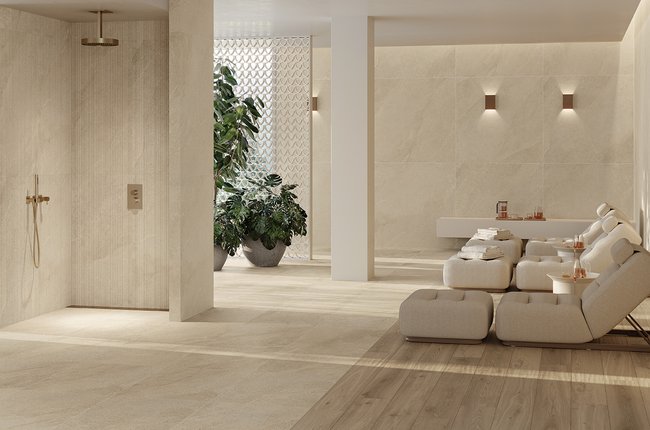Spa area with stone-effect ceramic surfaces