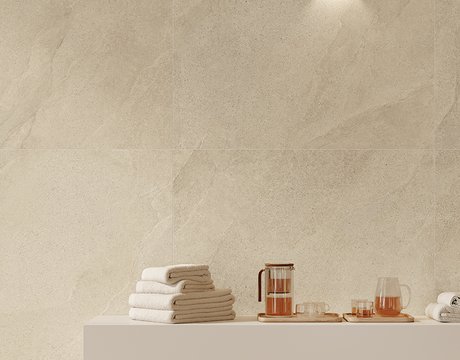 Détail spa avec mur et étagère en grès cérame