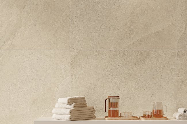 Spa detail with wall and shelf in porcelain stoneware