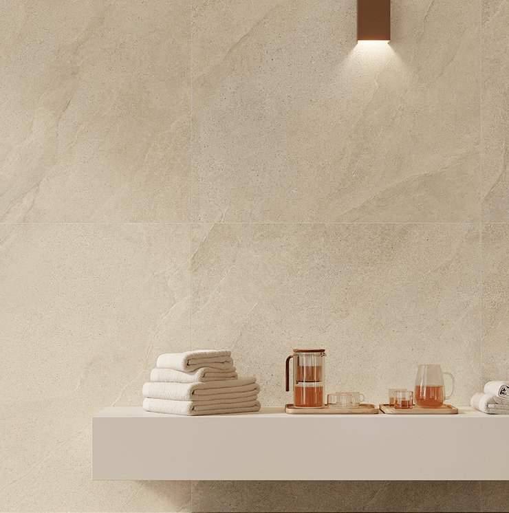 Spa detail with wall and shelf in porcelain stoneware