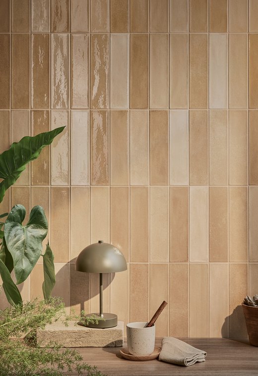 Wall with cinnamon-colored glazed tiles and table lamp with plants.