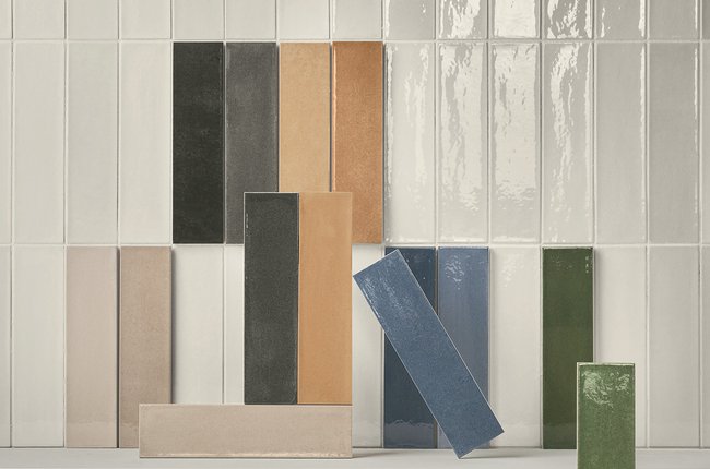 Moodboard with rectangular glazed tiles in various colors.