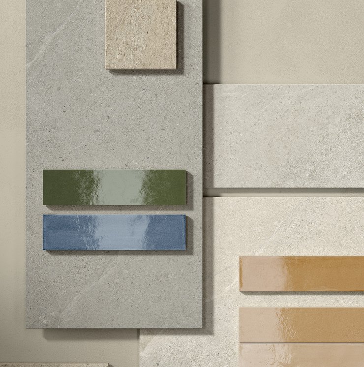 Moodboard with porcelain slabs and colored glazed tiles.