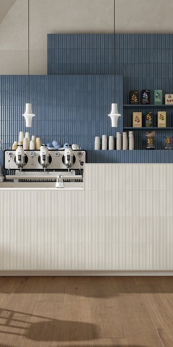 Bar in stile moderno con rivestimento effetto brick realizzato con collezione Marca Corona Miniature Rima Amanita e Caramello