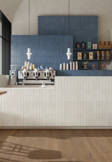 Bar in stile moderno con rivestimento effetto brick realizzato con collezione Marca Corona Miniature Rima Amanita e Caramello