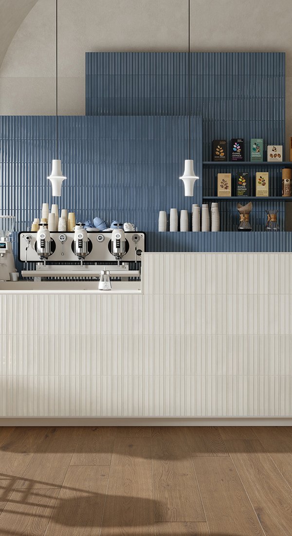 Bar in stile moderno con rivestimento effetto brick realizzato con collezione Marca Corona Miniature Rima Amanita e Caramello