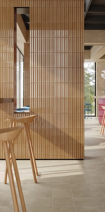 Bar in stile moderno con rivestimento effetto brick realizzato con collezione Marca Corona Miniature Rima Amanita e Caramello