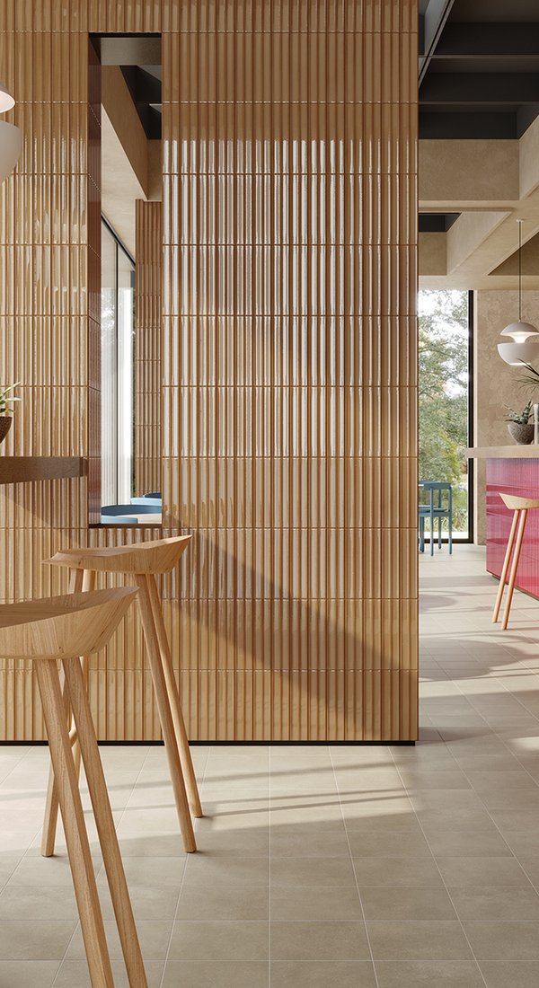 Bar in stile moderno con rivestimento effetto brick realizzato con collezione Marca Corona Miniature Rima Amanita e Caramello