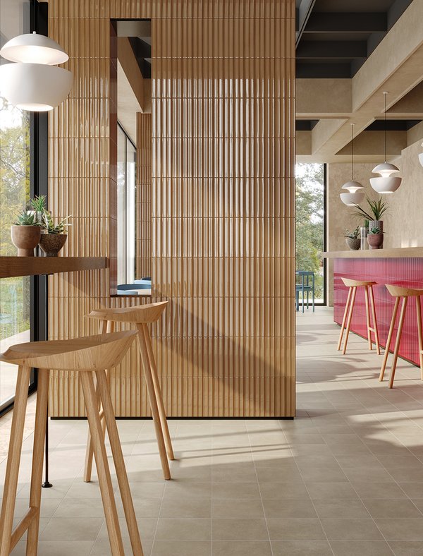 Bar in stile moderno con rivestimento effetto brick realizzato con collezione Marca Corona Miniature Rima Amanita e Caramello